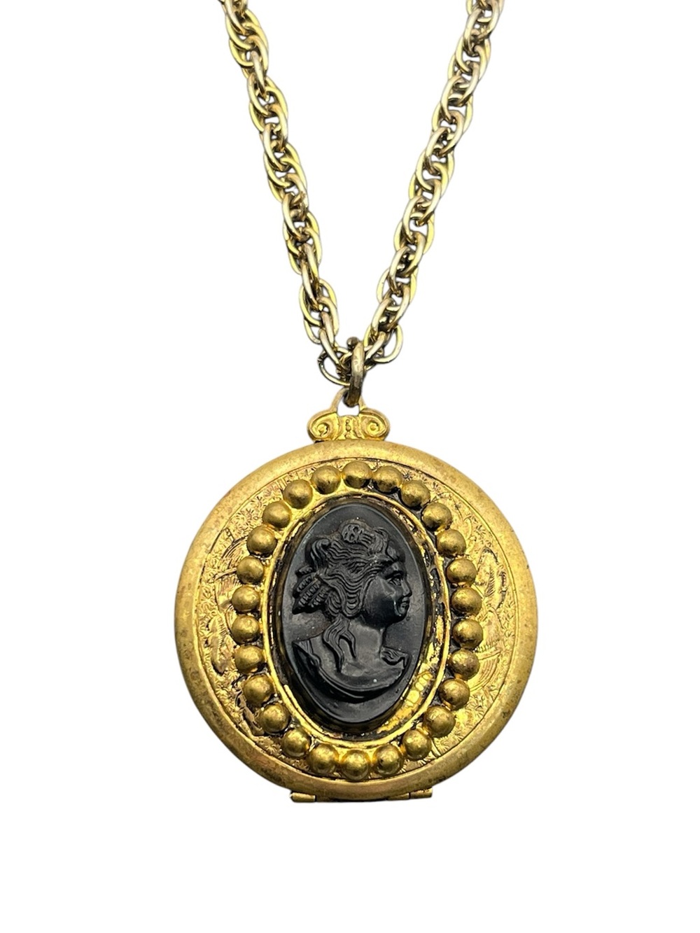 Victorian Revival black cameo gold tone ornate detail locket pendant on necklace